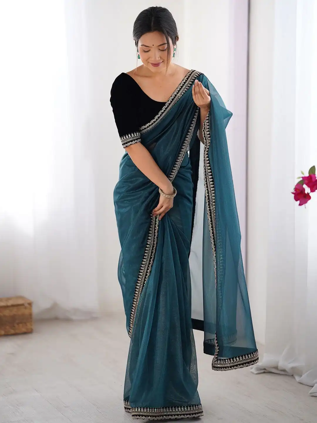 SC 1017 Teal Soft Twil Net Silk Saree Perfect for Wedding, Party, Temple Visit, Reception, Sangeet – . Now at just ₹1699. Delivery 4-6 Working Days. | Creative Sarees, Bollywood Sarees, Designer Sarees, Embroidered Sarees, Ethnic Saree, Modern Digital sarees, Party Wear Sarees, Sarees