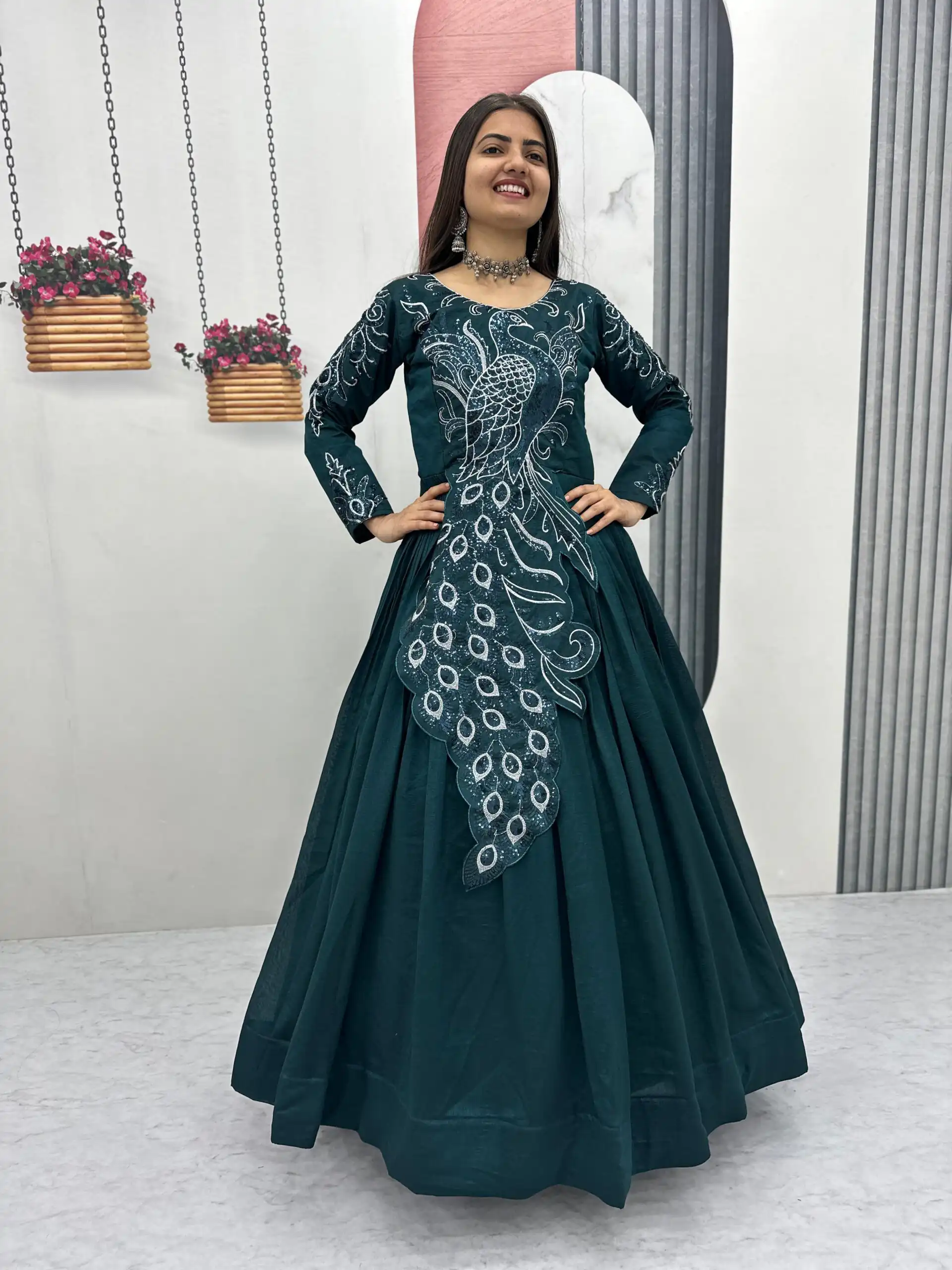 PC 564 Teal Vichitra Silk Gown Perfect for Wedding, Party, Holi, Anniversary, Mehendi –. Grab it for ₹2049. Delivery 4-6 Working Days. Shop now. | Bollywood Gowns, Creative Gowns, Designer Gowns, Embroidered Gowns, Gowns, Party Wear Gowns