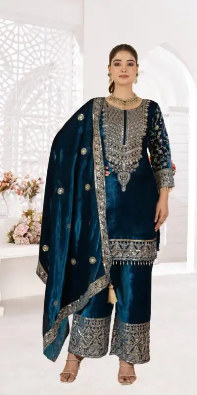 NF 1231 Teal Viscose Velvet Salwar Suit. Perfect for Wedding, Party, Traditional Day, Baisakhi, Eid – Available at ₹2399 only. Delivery 4-6 Workin | Casual Suits, Jump Suits, Creative suits, Designer Suits, Palazzo Suits, Party Wear Suits, Patiala Suits, Salwar suit, Straight Suits