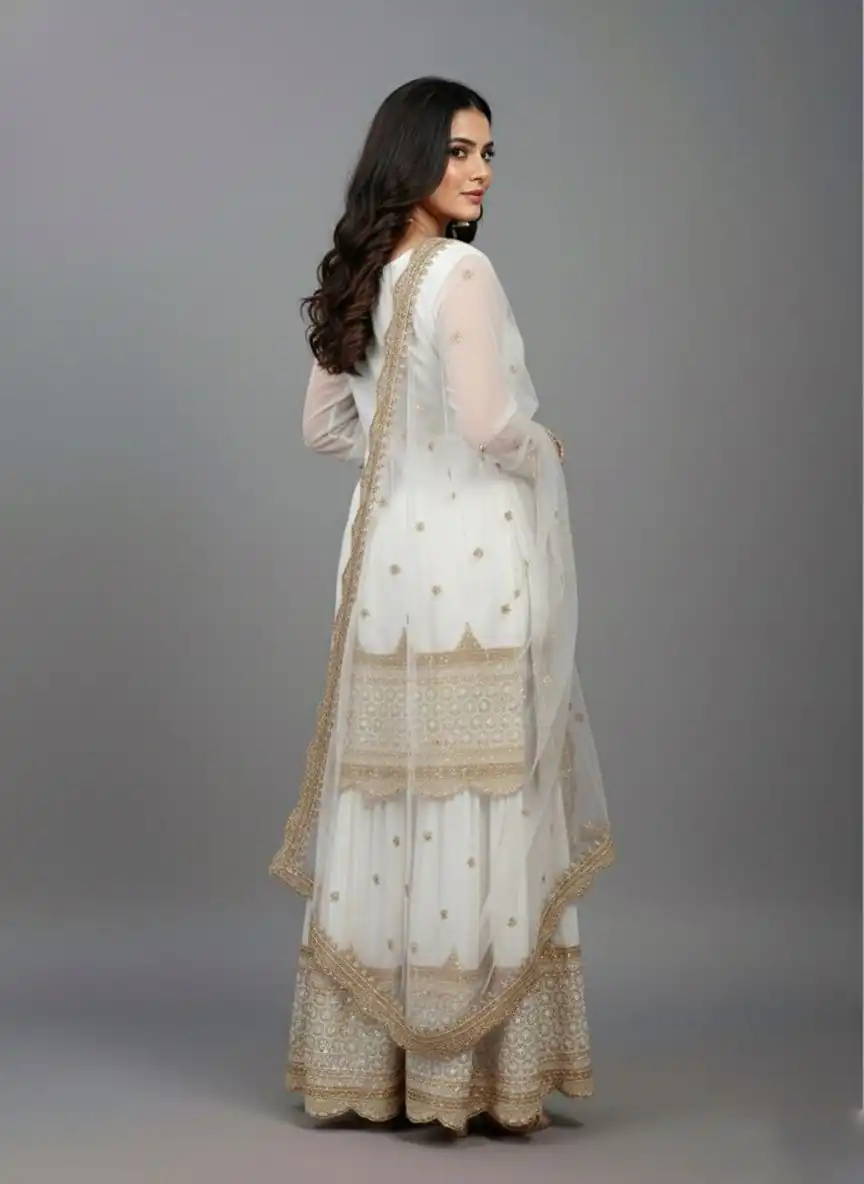 ZF 250 White Color Faux Georgette Embroidery Sequence Work Sharara Suit Wedding, Party, Festive, Events Etc. Expected Delivery 4-6 Working Days @2099/- | Casual Suits, Jump Suits, Creative suits, Designer Suits, Palazzo Suits, Party Wear Suits, Patiala Suits, Salwar suit, Straight Suits