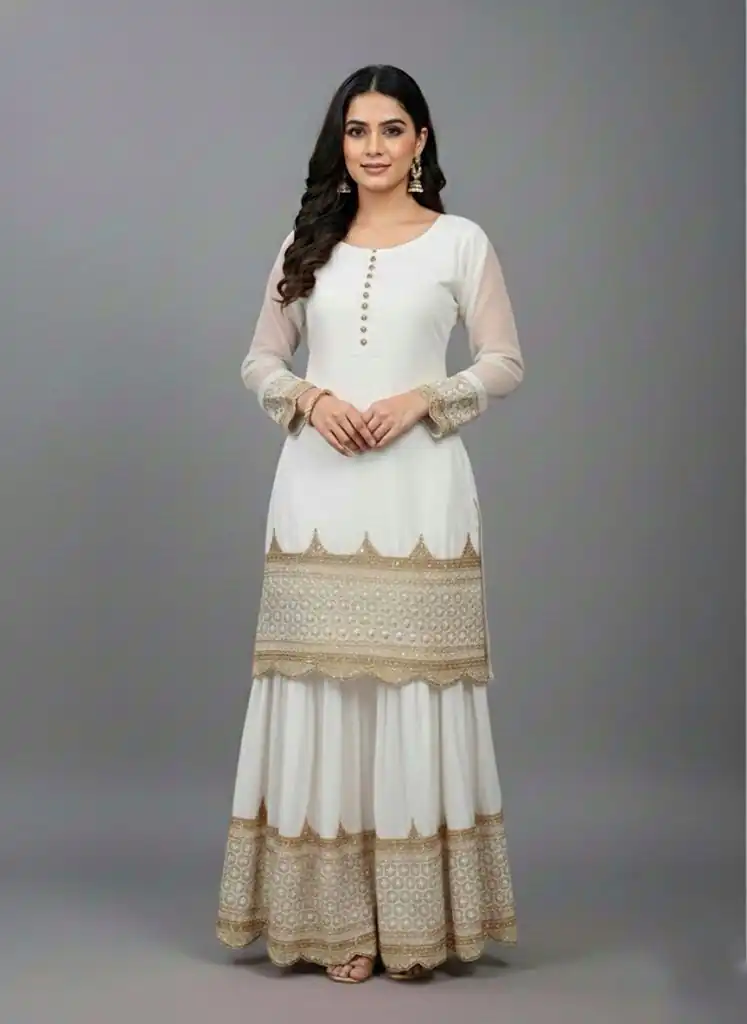 ZF 250 White Color Faux Georgette Embroidery Sequence Work Sharara Suit Wedding, Party, Festive, Events Etc. Expected Delivery 4-6 Working Days @2099/- | Casual Suits, Jump Suits, Creative suits, Designer Suits, Palazzo Suits, Party Wear Suits, Patiala Suits, Salwar suit, Straight Suits