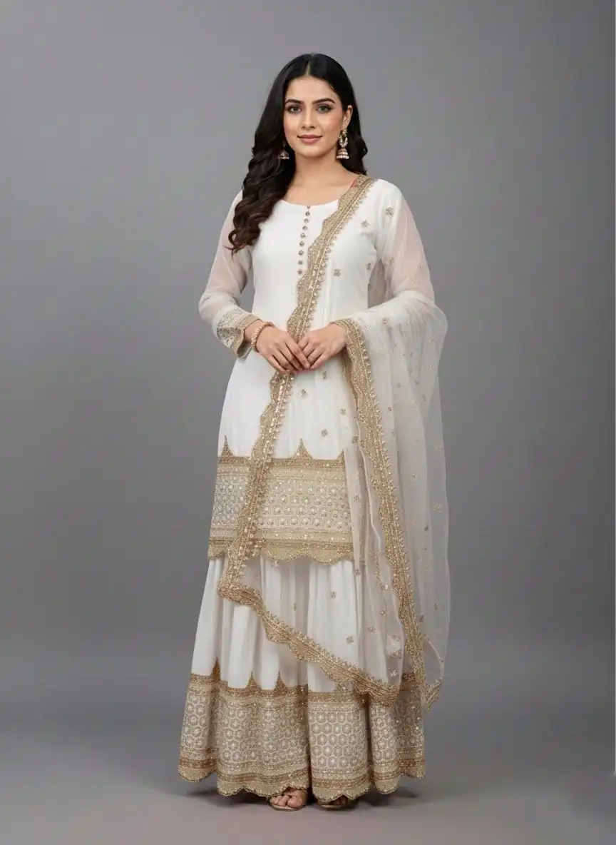 ZF 250 White Color Faux Georgette Embroidery Sequence Work Sharara Suit Wedding, Party, Festive, Events Etc. Expected Delivery 4-6 Working Days @2099/- | Casual Suits, Jump Suits, Creative suits, Designer Suits, Palazzo Suits, Party Wear Suits, Patiala Suits, Salwar suit, Straight Suits