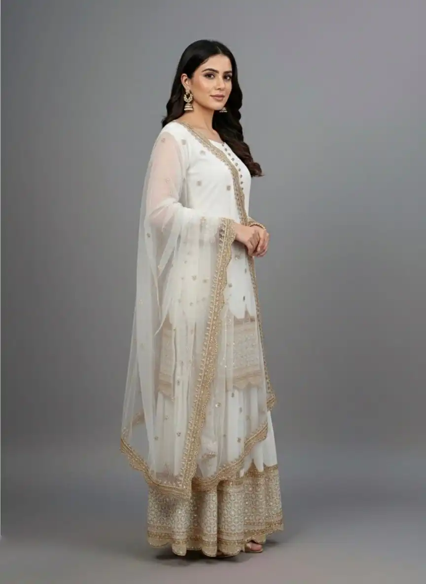 ZF 250 White Color Faux Georgette Embroidery Sequence Work Sharara Suit Wedding, Party, Festive, Events Etc. Expected Delivery 4-6 Working Days @2099/- | Casual Suits, Jump Suits, Creative suits, Designer Suits, Palazzo Suits, Party Wear Suits, Patiala Suits, Salwar suit, Straight Suits