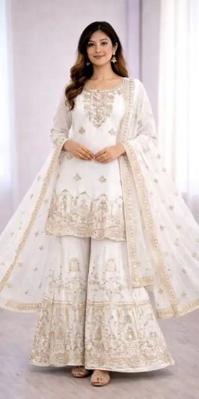 White Faux Georgette With 5 mm Sequence Work Salwar Suit