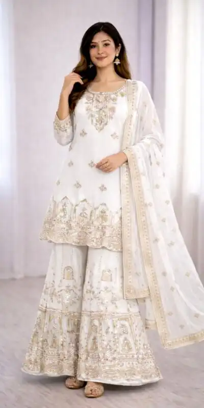 WW 1250 White Faux Georgette With 5 mm Sequence Work Salwar Suit Wedding, Party, Festive, Events Etc. Expected Delivery 4-6 Working Days @2399/- | Casual Suits, Jump Suits, Creative suits, Designer Suits, Palazzo Suits, Party Wear Suits, Patiala Suits, Salwar suit, Straight Suits