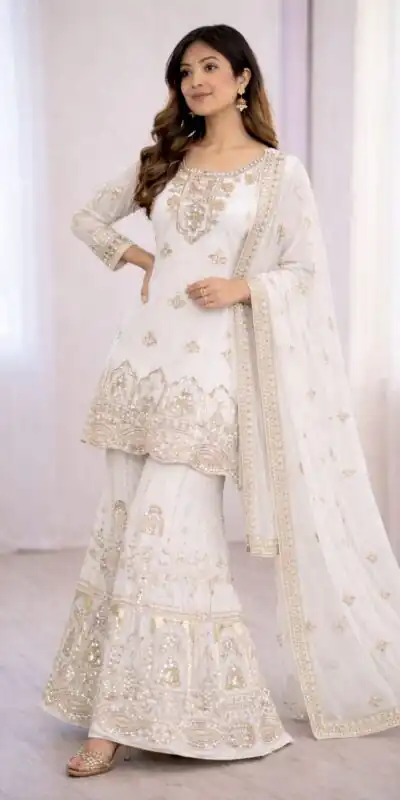WW 1250 White Faux Georgette With 5 mm Sequence Work Salwar Suit Wedding, Party, Festive, Events Etc. Expected Delivery 4-6 Working Days @2399/- | Casual Suits, Jump Suits, Creative suits, Designer Suits, Palazzo Suits, Party Wear Suits, Patiala Suits, Salwar suit, Straight Suits