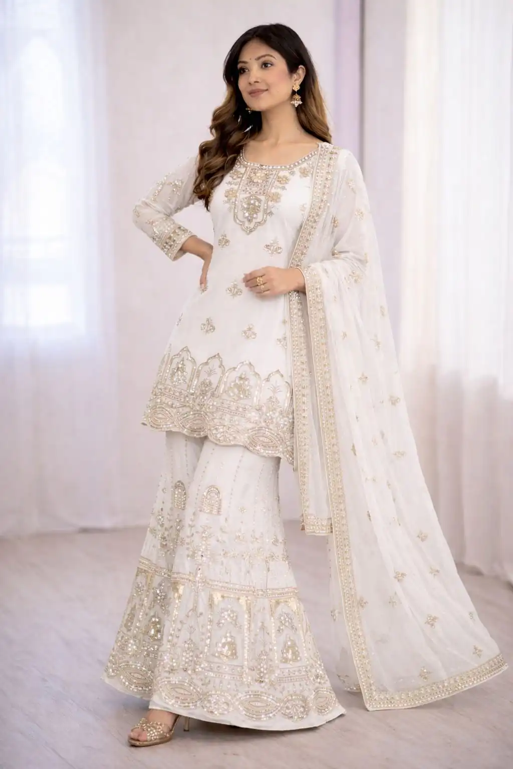 WW 1250 White Faux Georgette With 5 mm Sequence Work Salwar Suit Wedding, Party, Festive, Events Etc. Expected Delivery 4-6 Working Days @2399/- | Casual Suits, Jump Suits, Creative suits, Designer Suits, Palazzo Suits, Party Wear Suits, Patiala Suits, Salwar suit, Straight Suits
