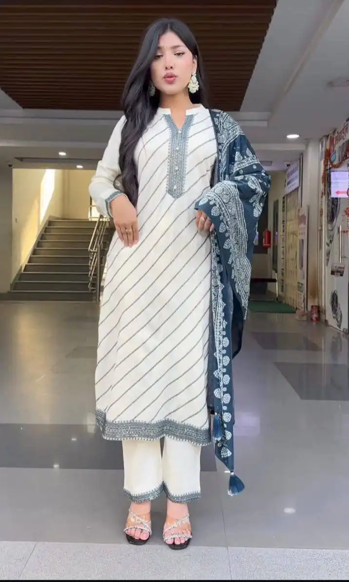 White Maslin With Digital Printed Salwar Suit - Image 3