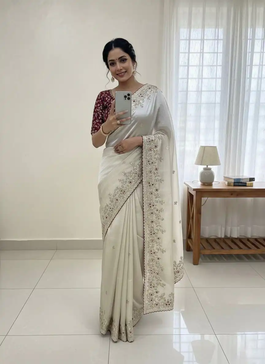 NC 5555 White Organza Silk Saree with Sequins Work & Embroidery Work. Exclusive Offer ₹2049. Delivery 4-6 Working Days. Shop now. | Creative Sarees, Bollywood Sarees, Designer Sarees, Embroidered Sarees, Ethnic Saree, Modern Digital sarees, Party Wear Sarees, Sarees
