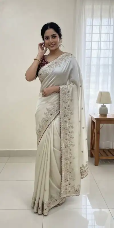 NC 5555 White Organza Silk Saree with Sequins Work & Embroidery Work. Exclusive Offer ₹2049. Delivery 4-6 Working Days. Shop now. | Creative Sarees, Bollywood Sarees, Designer Sarees, Embroidered Sarees, Ethnic Saree, Modern Digital sarees, Party Wear Sarees, Sarees