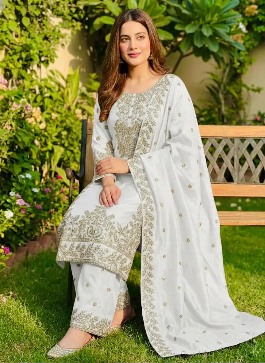 SRK 5316 White Organza Silk Salwar Suit Perfect for Wedding, Party, Makar Sankranti, Eid, Durga Puja – . Affordable Price ₹2149. Delivery 4-6 Workin | Casual Suits, Jump Suits, Creative suits, Designer Suits, Palazzo Suits, Party Wear Suits, Patiala Suits, Salwar suit, Straight Suits