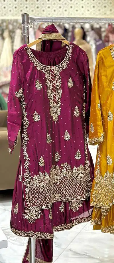 NF 1249 Wine Color Chinon Silk Salwar Suit with Embroidery Work. Online Get it for ₹2149. Delivery 4-6 Working Days. Shop now. | Casual Suits, Jump Suits, Creative suits, Designer Suits, Palazzo Suits, Party Wear Suits, Patiala Suits, Salwar suit, Straight Suits