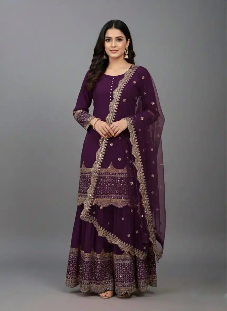 Wine Faux Georgette Embroider Salwar Suit