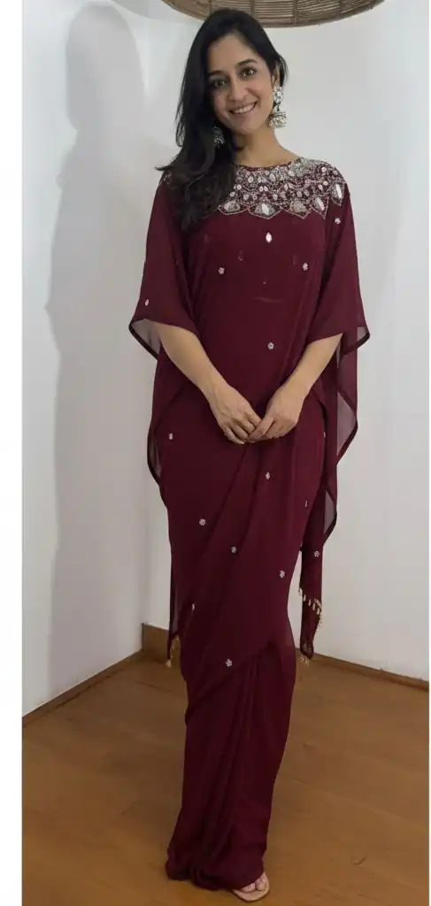 ST 1157 Wine in Faux Georgette Mirror Work & Embroidery Work Saree. Festive Deal ₹1899. Delivery 4-6 Working Days. Shop now. | Creative Sarees, Bollywood Sarees, Designer Sarees, Embroidered Sarees, Ethnic Saree, Modern Digital sarees, Party Wear Sarees, Sarees
