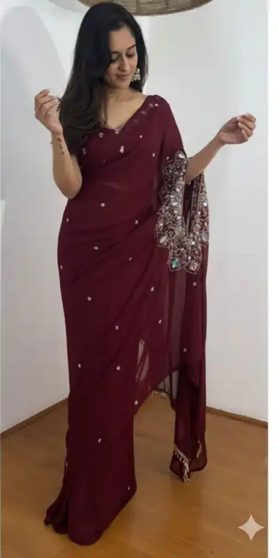 ST 1157 Wine in Faux Georgette Mirror Work & Embroidery Work Saree. Festive Deal ₹1899. Delivery 4-6 Working Days. Shop now. | Creative Sarees, Bollywood Sarees, Designer Sarees, Embroidered Sarees, Ethnic Saree, Modern Digital sarees, Party Wear Sarees, Sarees