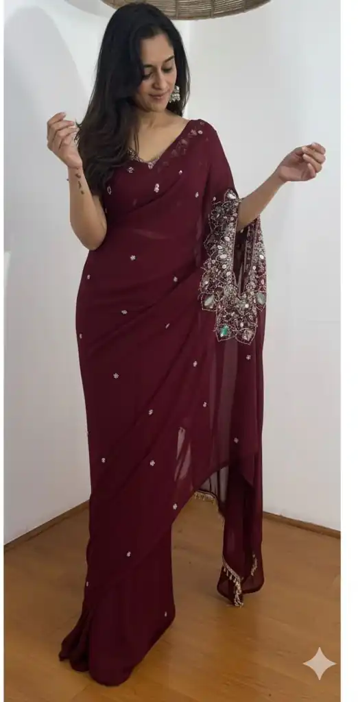 ST 1157 Wine in Faux Georgette Mirror Work & Embroidery Work Saree. Festive Deal ₹1899. Delivery 4-6 Working Days. Shop now. | Creative Sarees, Bollywood Sarees, Designer Sarees, Embroidered Sarees, Ethnic Saree, Modern Digital sarees, Party Wear Sarees, Sarees