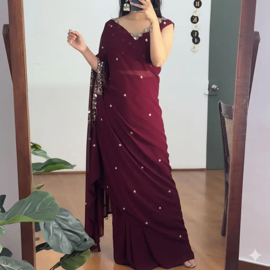 ST 1157 Wine in Faux Georgette Mirror Work & Embroidery Work Saree. Festive Deal ₹1899. Delivery 4-6 Working Days. Shop now. | Creative Sarees, Bollywood Sarees, Designer Sarees, Embroidered Sarees, Ethnic Saree, Modern Digital sarees, Party Wear Sarees, Sarees