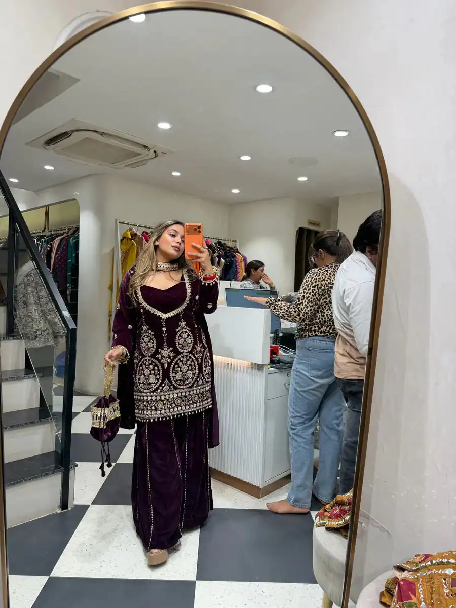 LG 2038 Wine Velvet Salwar Suit with Embroidery Work & Mirror Work. Grab it for ₹2099. Delivery 4-6 Working Days. Shop now. | Casual Suits, Jump Suits, Creative suits, Designer Suits, Palazzo Suits, Party Wear Suits, Patiala Suits, Salwar suit, Straight Suits