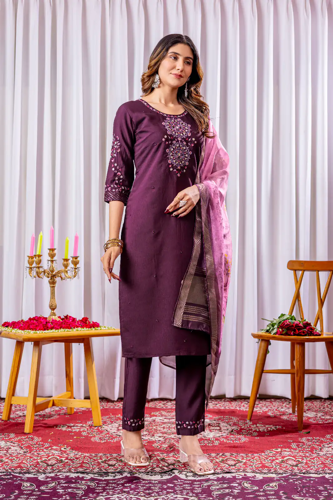 Wine Viscose Silk Thread Embroider Work Salwar Suit - Image 3
