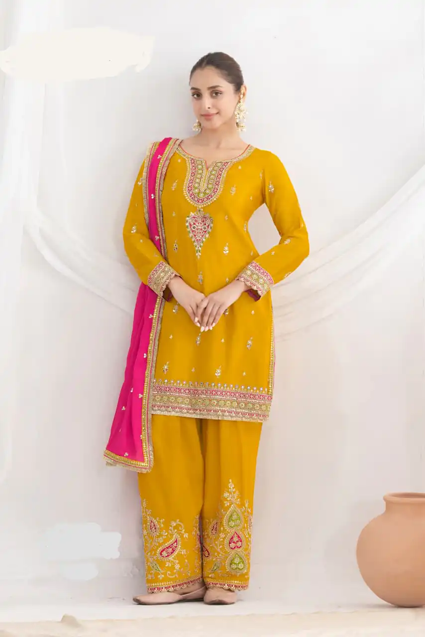 DS GULZAR 2641 Yellow in Chinon Embroidery Work & Mirror Work Salwar Suit. Now at just ₹3049. Delivery 4-6 Working Days. Shop now. | Casual Suits, Jump Suits, Tops & Bottoms, Track Suits, Trendy Wear, Creative suits, Designer Suits, Palazzo Suits, Party Wear Suits, Patiala Suits, Salwar suit, Straight Suits