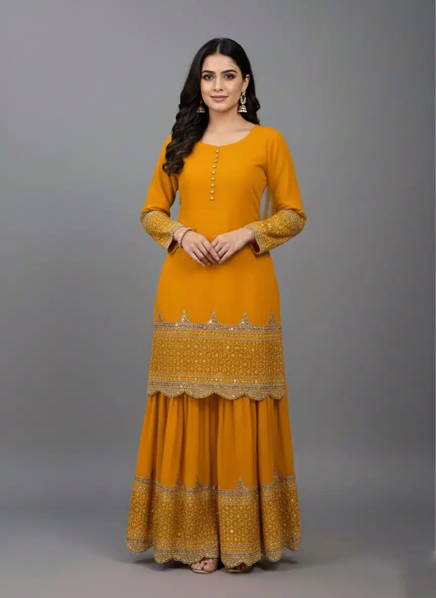 ZF 250 Yellow Color Faux Georgette Embroidery Sequence Work Sharara Suit Wedding, Party, Festive, Events Etc. Expected Delivery 4-6 Working Days @2099/- | Casual Suits, Jump Suits, Creative suits, Designer Suits, Palazzo Suits, Party Wear Suits, Patiala Suits, Salwar suit, Straight Suits