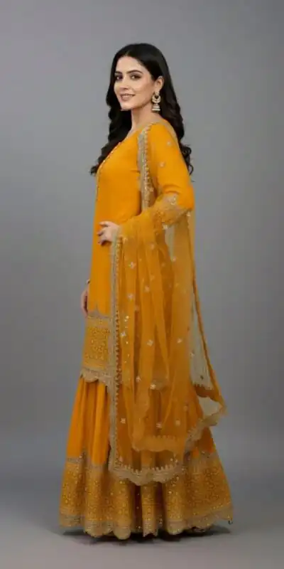 ZF 250 Yellow Color Faux Georgette Embroidery Sequence Work Sharara Suit Wedding, Party, Festive, Events Etc. Expected Delivery 4-6 Working Days @2099/- | Casual Suits, Jump Suits, Creative suits, Designer Suits, Palazzo Suits, Party Wear Suits, Patiala Suits, Salwar suit, Straight Suits