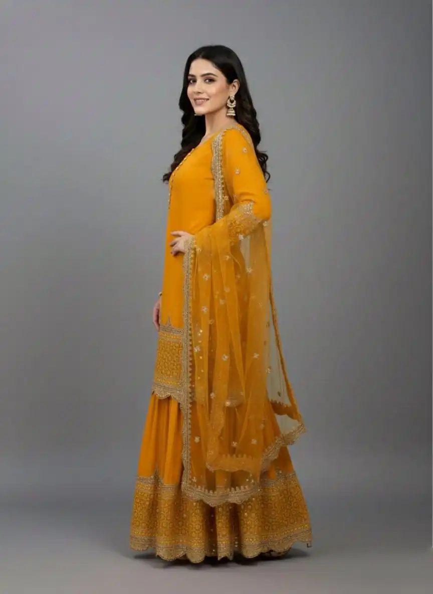 ZF 250 Yellow Color Faux Georgette Embroidery Sequence Work Sharara Suit Wedding, Party, Festive, Events Etc. Expected Delivery 4-6 Working Days @2099/- | Casual Suits, Jump Suits, Creative suits, Designer Suits, Palazzo Suits, Party Wear Suits, Patiala Suits, Salwar suit, Straight Suits