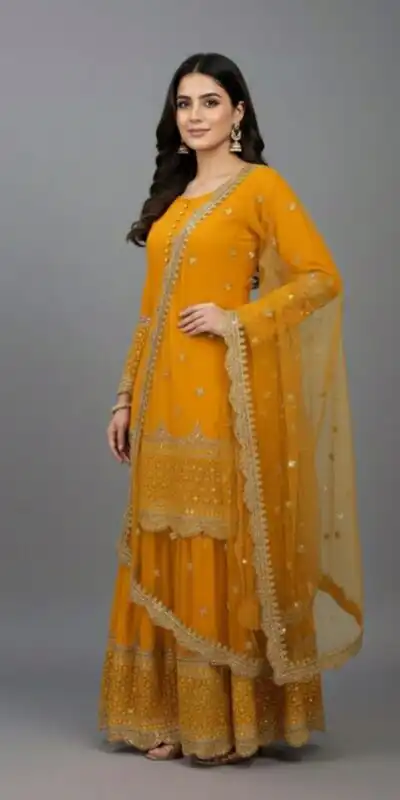 ZF 250 Yellow Color Faux Georgette Embroidery Sequence Work Sharara Suit Wedding, Party, Festive, Events Etc. Expected Delivery 4-6 Working Days @2099/- | Casual Suits, Jump Suits, Creative suits, Designer Suits, Palazzo Suits, Party Wear Suits, Patiala Suits, Salwar suit, Straight Suits