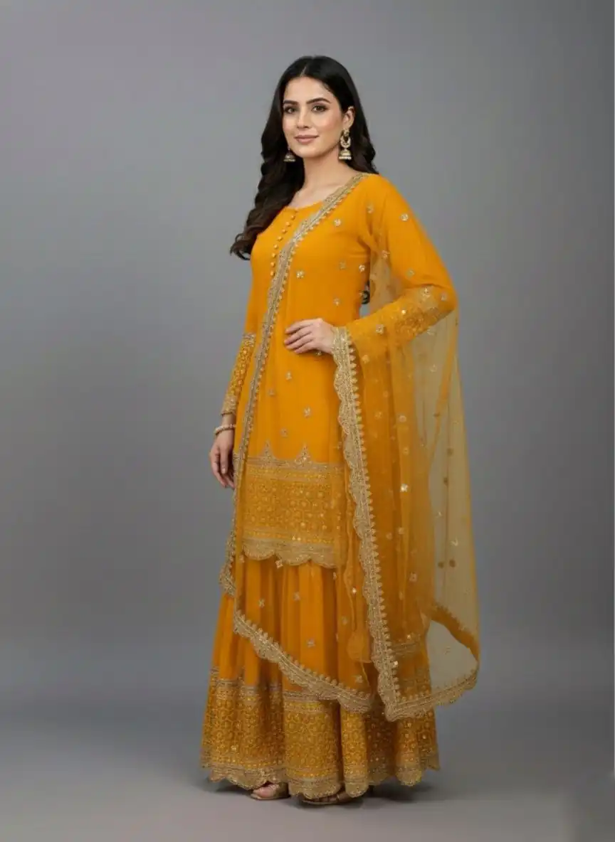 ZF 250 Yellow Color Faux Georgette Embroidery Sequence Work Sharara Suit Wedding, Party, Festive, Events Etc. Expected Delivery 4-6 Working Days @2099/- | Casual Suits, Jump Suits, Creative suits, Designer Suits, Palazzo Suits, Party Wear Suits, Patiala Suits, Salwar suit, Straight Suits