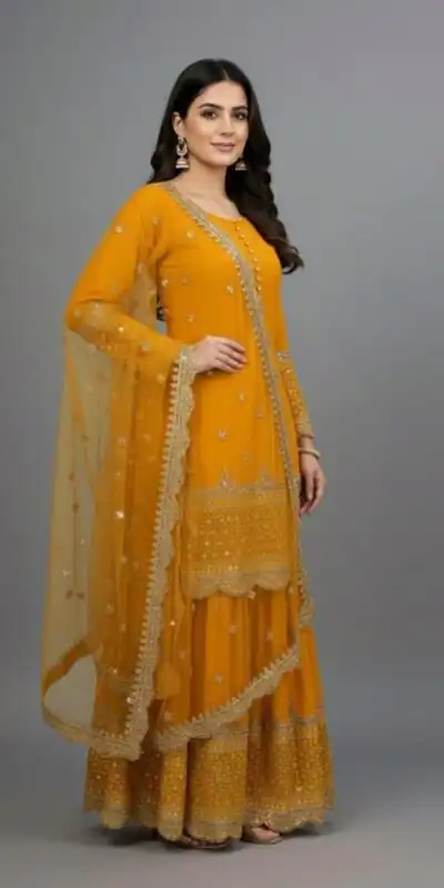 ZF 250 Yellow Color Faux Georgette Embroidery Sequence Work Sharara Suit Wedding, Party, Festive, Events Etc. Expected Delivery 4-6 Working Days @2099/- | Casual Suits, Jump Suits, Creative suits, Designer Suits, Palazzo Suits, Party Wear Suits, Patiala Suits, Salwar suit, Straight Suits