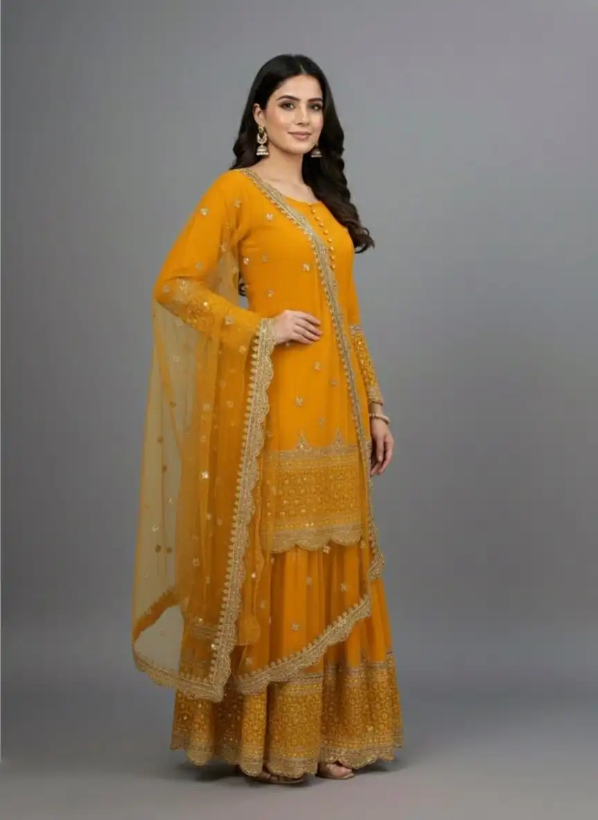 ZF 250 Yellow Color Faux Georgette Embroidery Sequence Work Sharara Suit Wedding, Party, Festive, Events Etc. Expected Delivery 4-6 Working Days @2099/- | Casual Suits, Jump Suits, Creative suits, Designer Suits, Palazzo Suits, Party Wear Suits, Patiala Suits, Salwar suit, Straight Suits