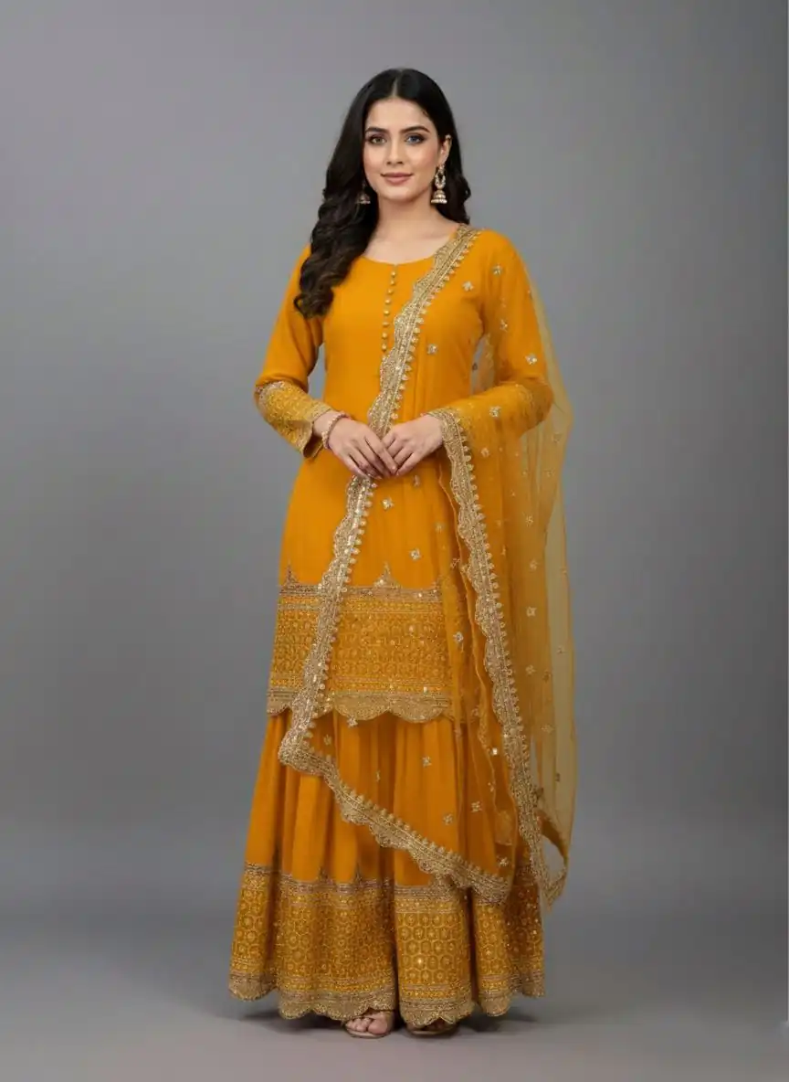 ZF 250 Yellow Color Faux Georgette Embroidery Sequence Work Sharara Suit Wedding, Party, Festive, Events Etc. Expected Delivery 4-6 Working Days @2099/- | Casual Suits, Jump Suits, Creative suits, Designer Suits, Palazzo Suits, Party Wear Suits, Patiala Suits, Salwar suit, Straight Suits