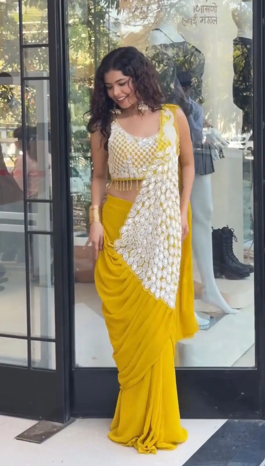 Yellow Faux Georgette Embroidery Sequins Work Saree - Image 2