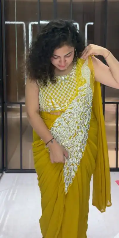 ST 1165 Yellow Faux Georgette Saree with Embroidery Work & Sequins Work. Now at just ₹1799. Delivery 4-6 Working Days. Shop now. | Creative Sarees, Bollywood Sarees, Designer Sarees, Embroidered Sarees, Ethnic Saree, Modern Digital sarees, Party Wear Sarees, Sarees