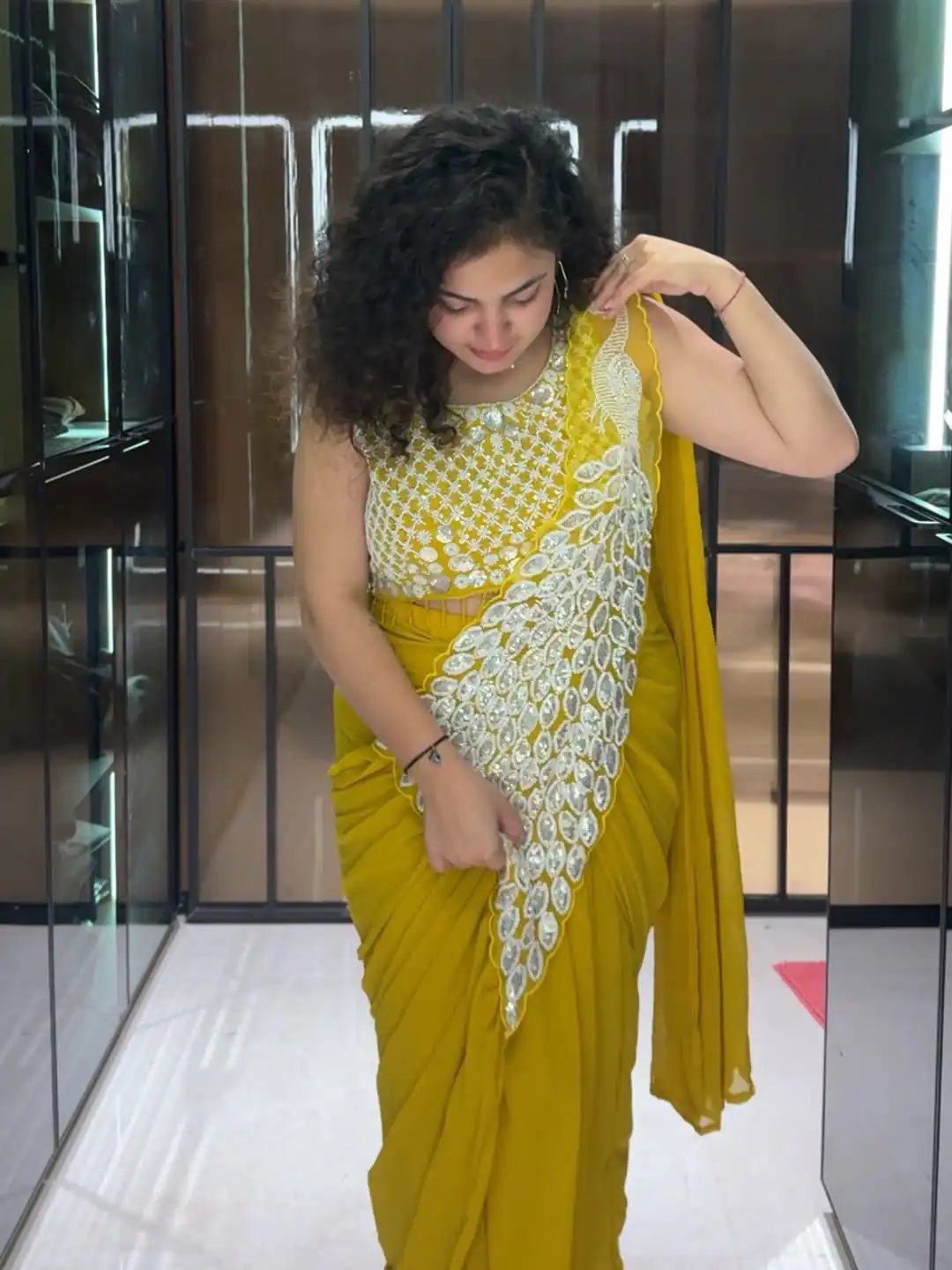 ST 1165 Yellow Faux Georgette Saree with Embroidery Work & Sequins Work. Now at just ₹1799. Delivery 4-6 Working Days. Shop now. | Creative Sarees, Bollywood Sarees, Designer Sarees, Embroidered Sarees, Ethnic Saree, Modern Digital sarees, Party Wear Sarees, Sarees