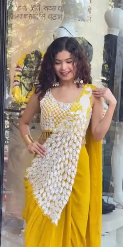 ST 1165 Yellow Faux Georgette Saree with Embroidery Work & Sequins Work. Now at just ₹1799. Delivery 4-6 Working Days. Shop now. | Creative Sarees, Bollywood Sarees, Designer Sarees, Embroidered Sarees, Ethnic Saree, Modern Digital sarees, Party Wear Sarees, Sarees