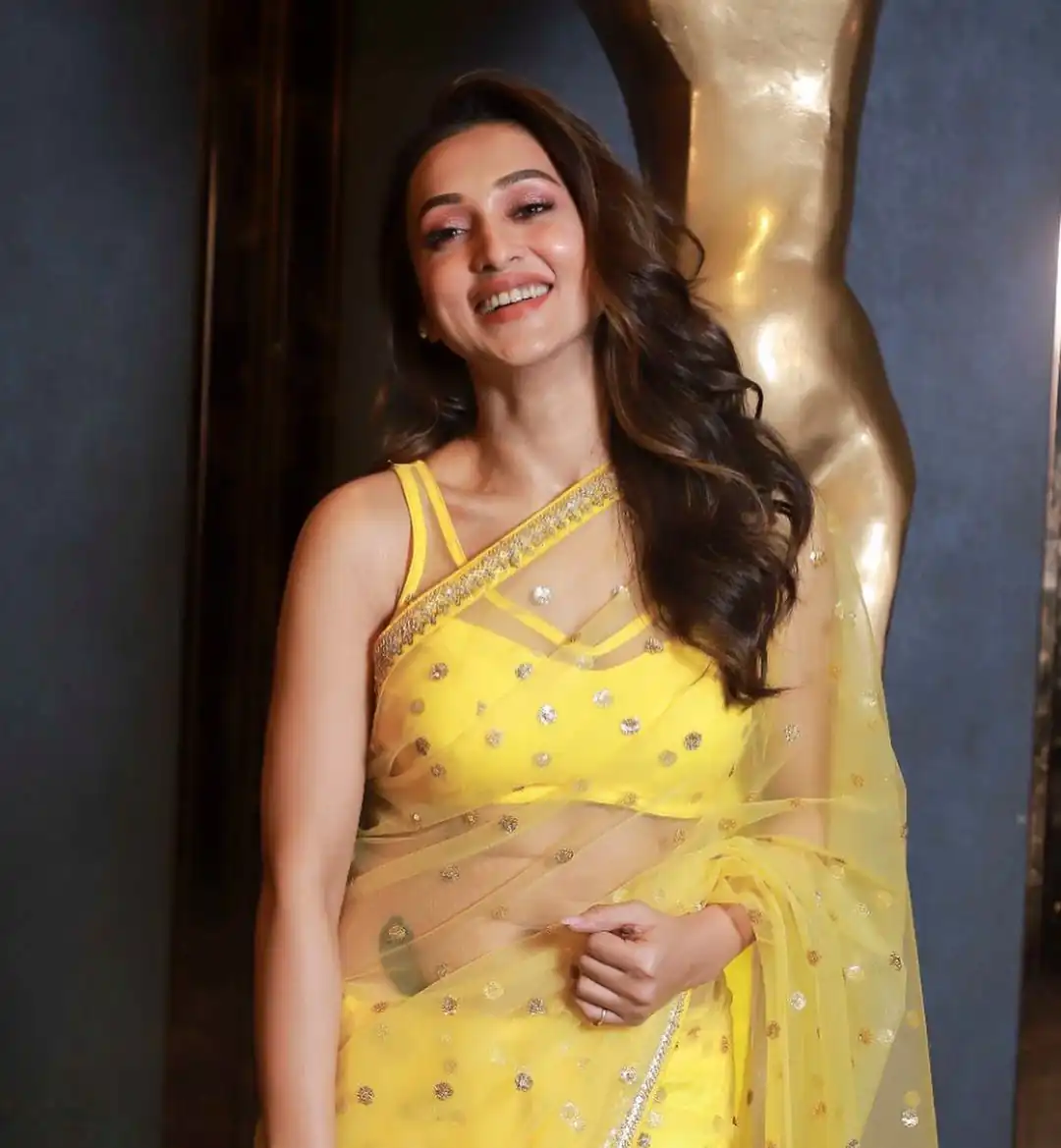 Yellow Nylon Butterfly Net Sequence Work Saree - Image 2