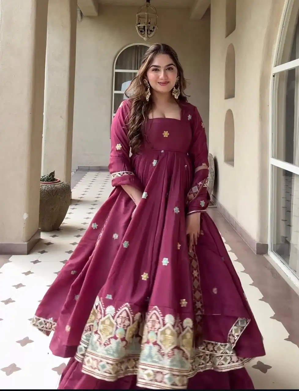 Aglow Red Natural Crep Embroidery Work Anarkali Suit