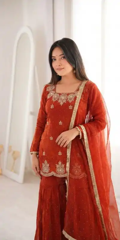 Alternative view of Aglow Rust Fendy Silk Embroidery Work Salwar Suit