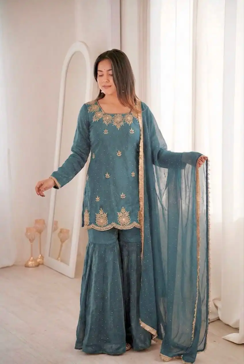 Aglow Teal Fendy Silk Embroidery Work Salwar Suit - Image 2