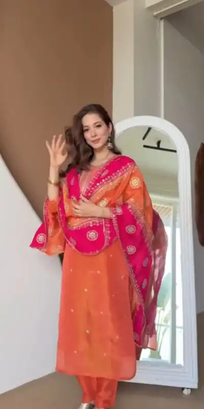Alluring Orange Chinon Embroidery Work Salwar Suit
