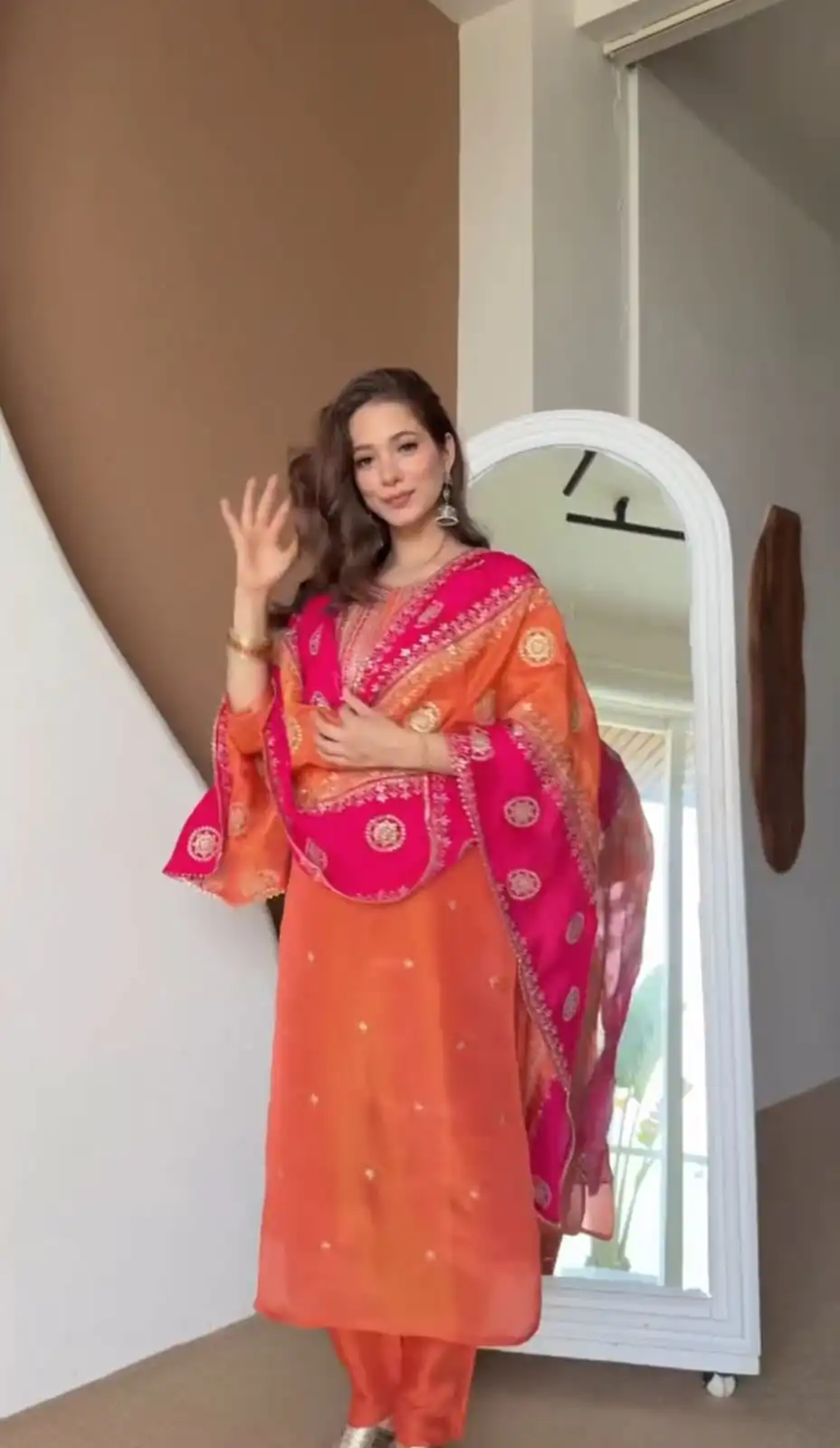 Alluring Orange Chinon Embroidery Work Salwar Suit