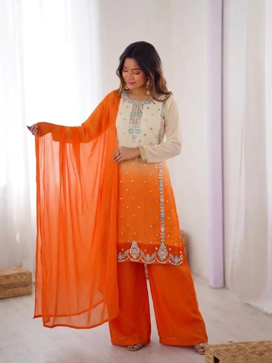 Amazing Orange Faux Georgette Embroider Work Salwar Suit - Image 4
