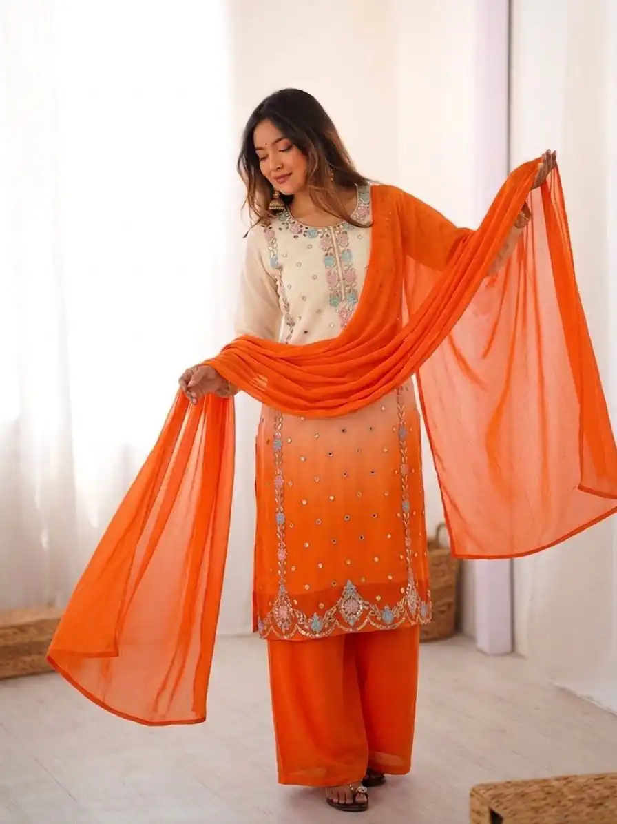 Amazing Orange Faux Georgette Embroider Work Salwar Suit - Image 3