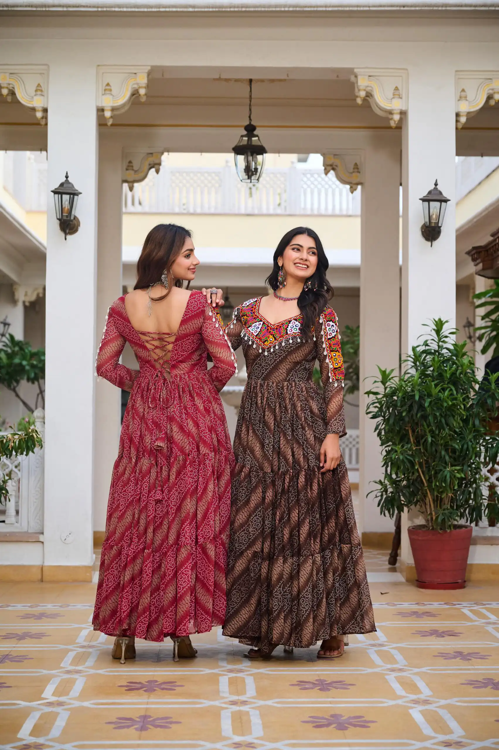 Cool Brown Faux Georgette Mirror Work Gown - Image 5
