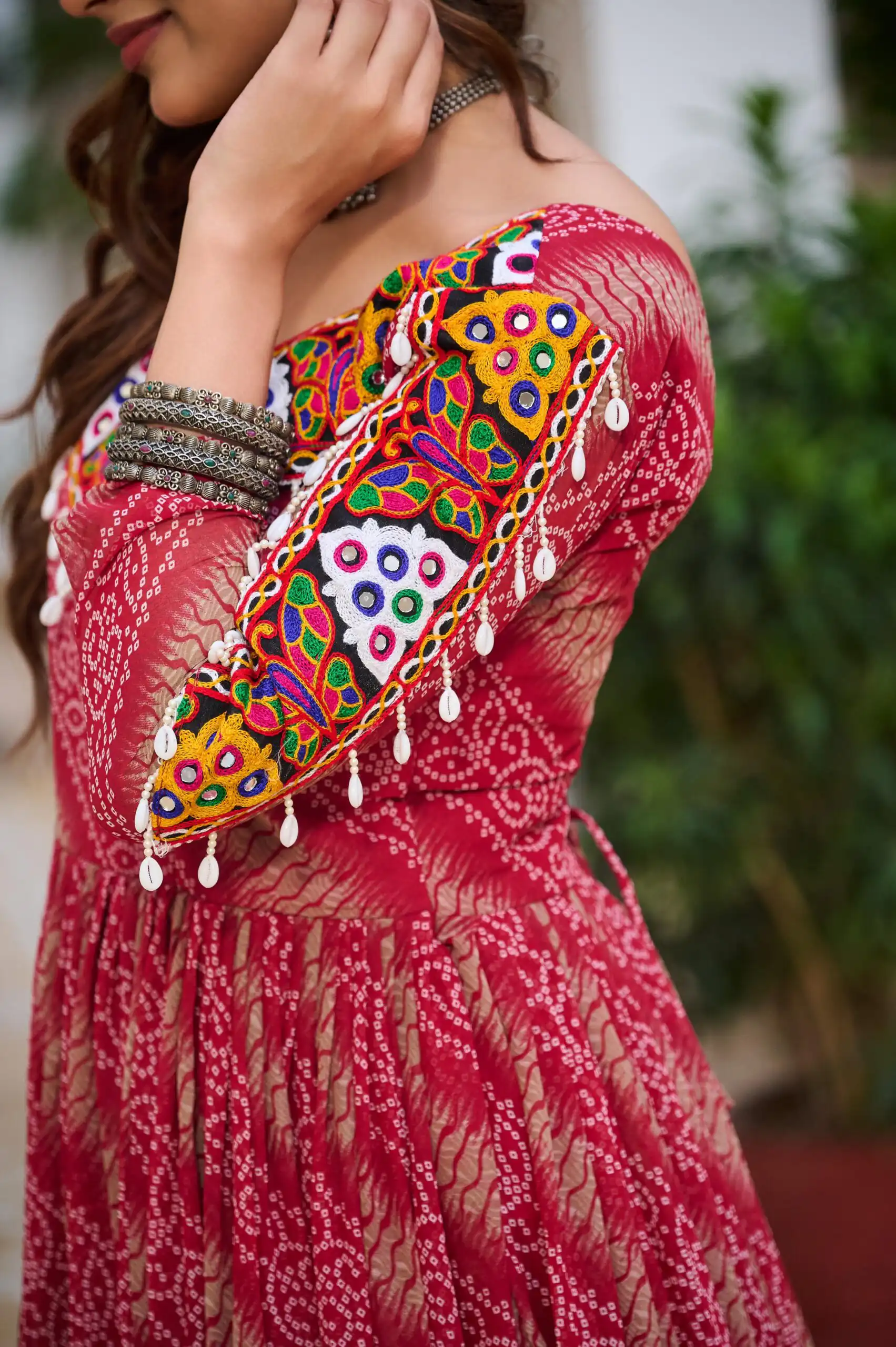 Cool Red Faux Georgette Mirror Work Gown - Image 3