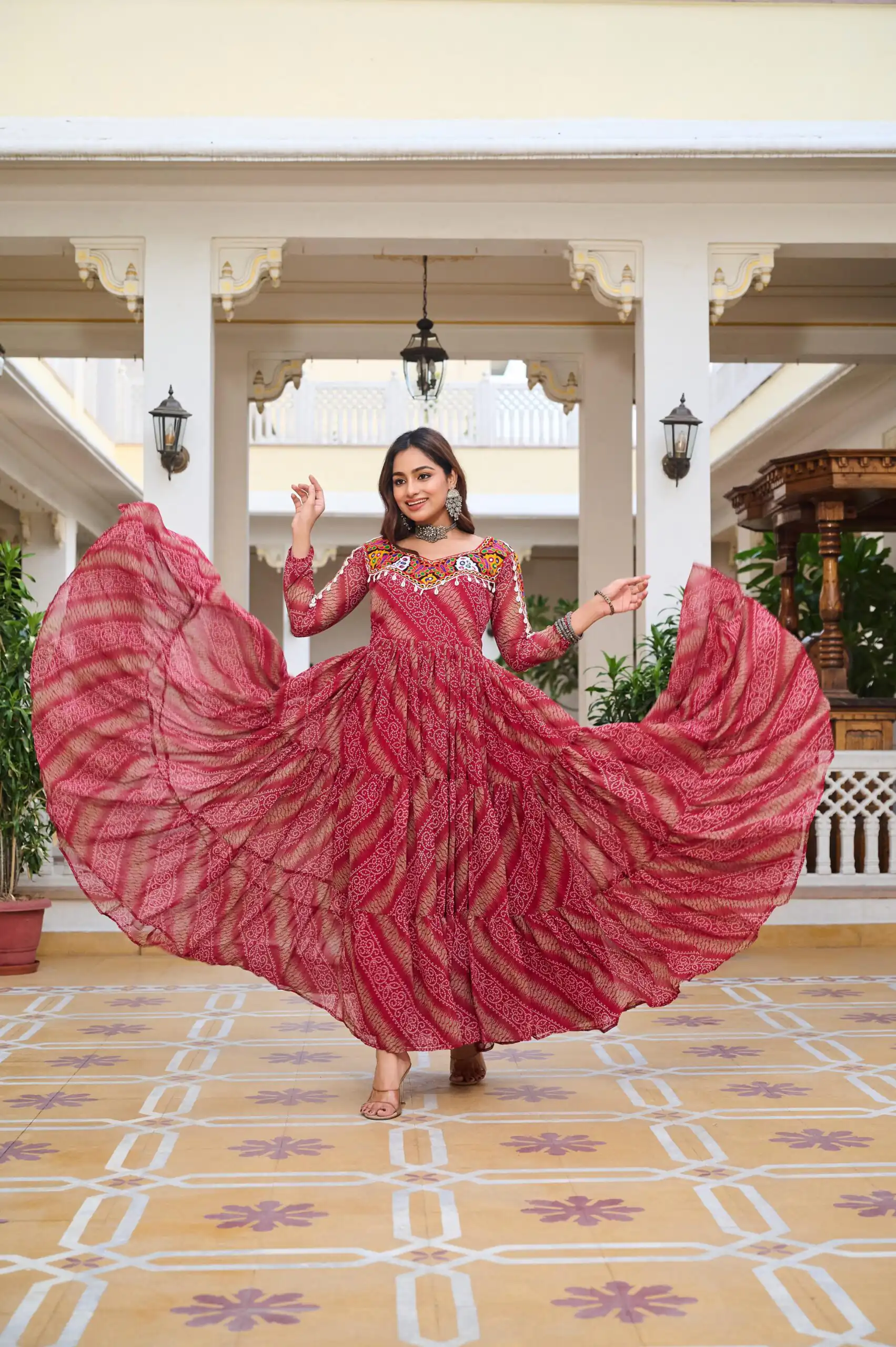 Cool Red Faux Georgette Mirror Work Gown - Image 2