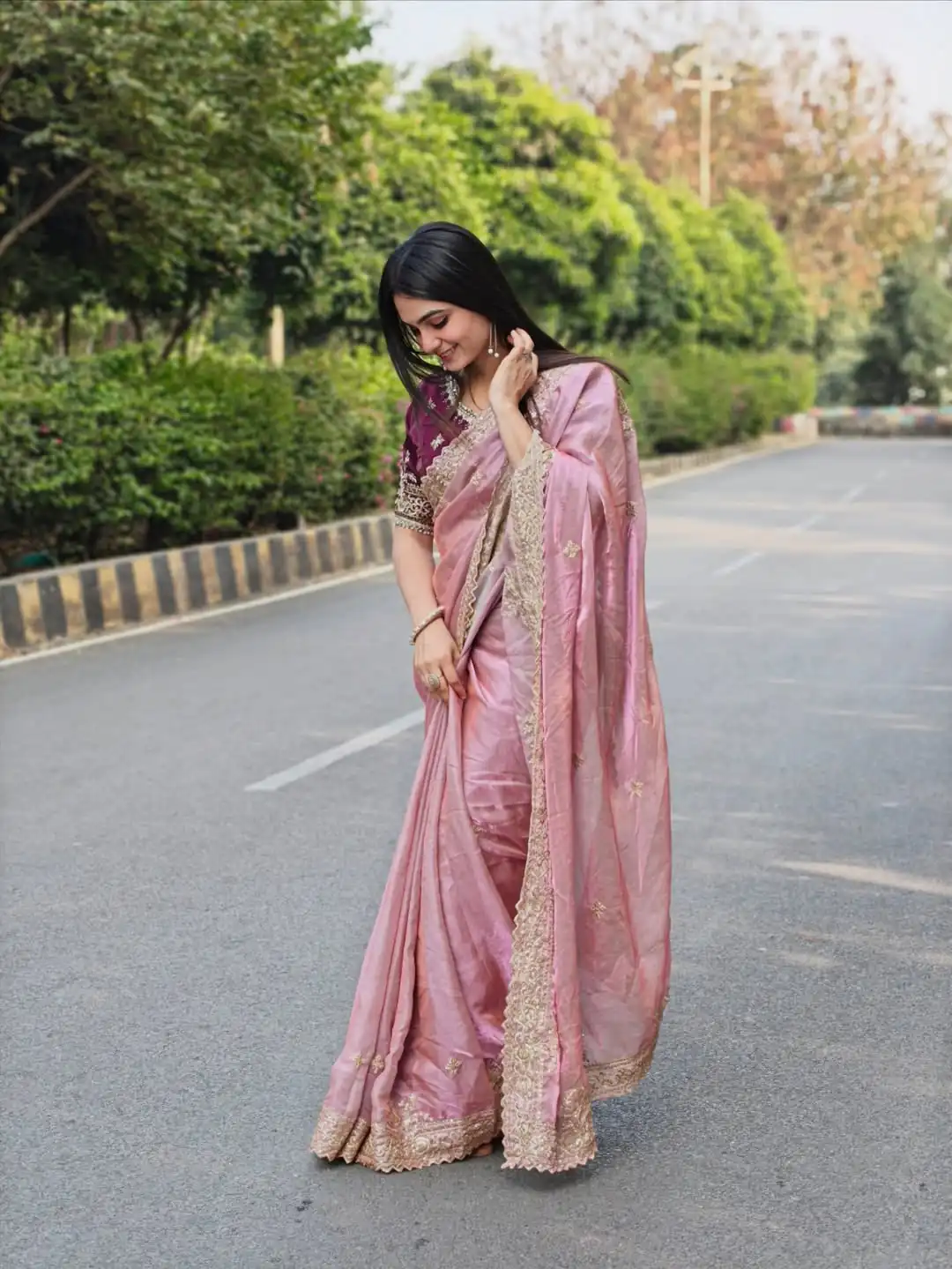 Elegant Pink Fendy Satin Embroidery Work Saree - Image 4