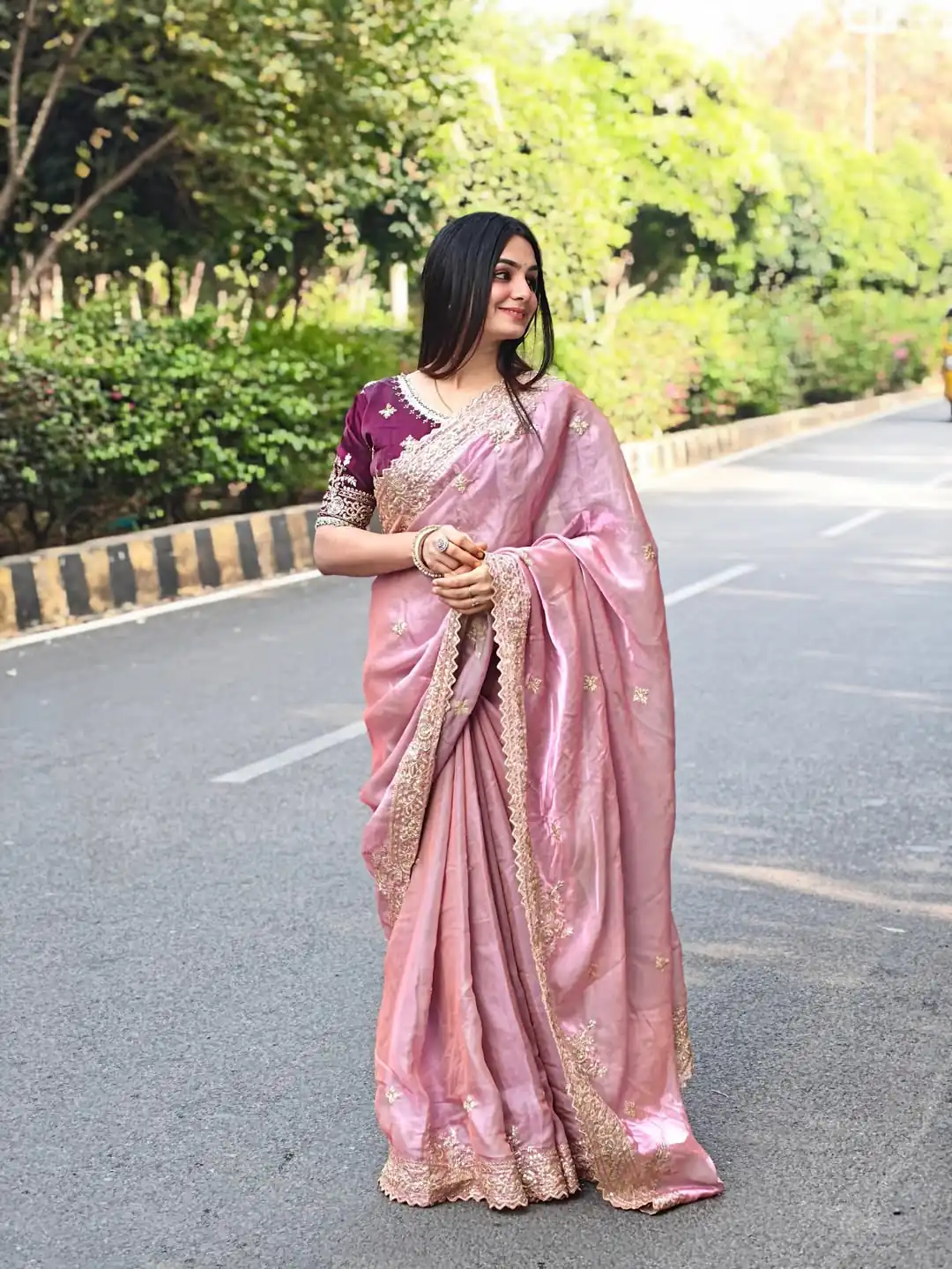 Elegant Pink Fendy Satin Embroidery Work Saree