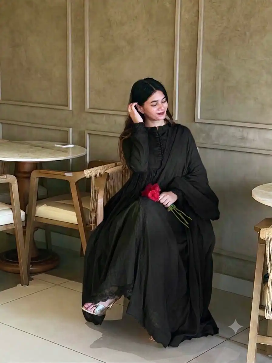 Fancy Black Roman Silk Embroidery Cut Work Gown - Image 3